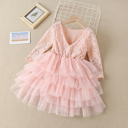 

Kids Girls' Dress Backless Tulle Dress Party Special Occasion Mesh Lace Pink Knee-length Long Sleeve Cute Dresses Fall Winter Regular Fit 2-8 Years