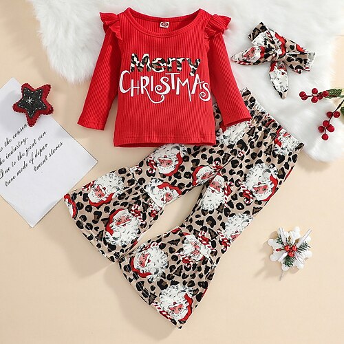 

3 Pieces Kids Girls' Ugly Clothing Set Outfit Leopard Letter Santa Claus Long Sleeve Print Cotton Set Outdoor Basic Sweet Fall Spring 2-8 Years Black Red