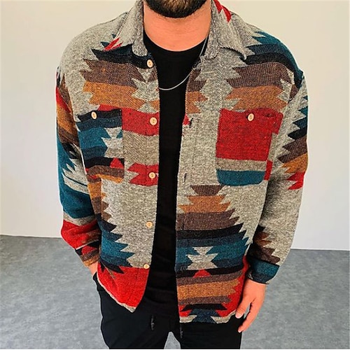 

Men's Flannel Shirt Shirt Jacket Shacket Geometric Turndown Gray Outdoor Street Long Sleeve Pocket Print Clothing Apparel Streetwear Sporty Casual / Fall