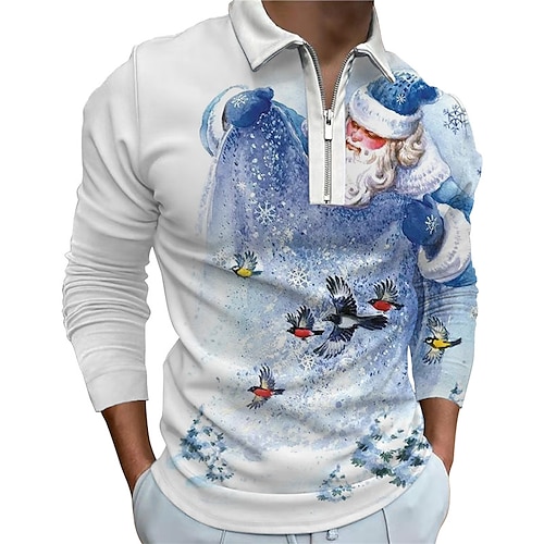 

Men's Christmas Golf Shirt 3D Print Bird Santa Claus 3D Print Zipper Long Sleeve Tops Casual Fashion Breathable Comfortable White / Sports