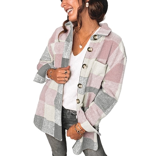

Women's Blouse Shirt Shacket Green Blue Pink Plaid Color Block Button Pocket Long Sleeve Daily Weekend Streetwear Casual Shirt Collar Regular S / 3D Print / Print