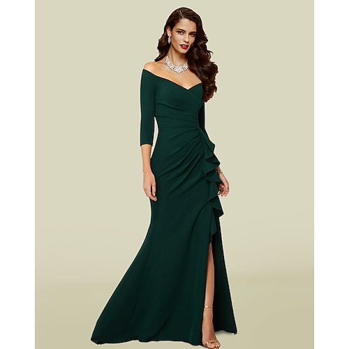 

Mermaid / Trumpet Mother of the Bride Dress Elegant Sexy V Neck Off Shoulder Court Train Stretch Fabric 3/4 Length Sleeve with Draping Split Front 2022