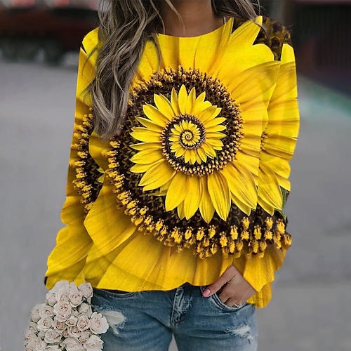 

Women's Sweatshirt Pullover Active Streetwear Print White Blue Yellow Sunflower 3D Flower Sports Round Neck Long Sleeve S M L XL XXL / 3D Print