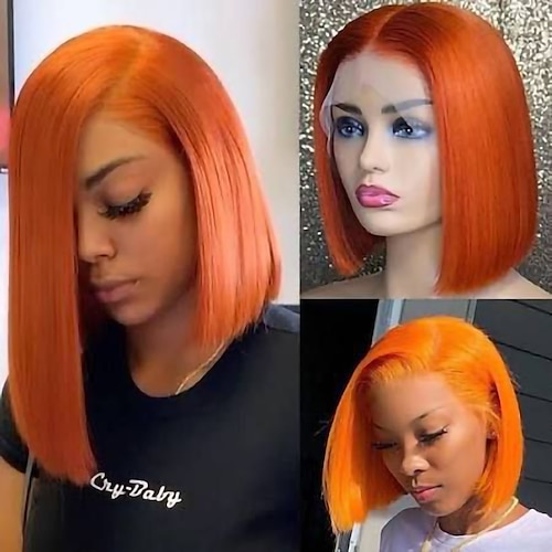 

Remy Human Hair 13x4x1 T Part Lace Front Wig Bob Brazilian Hair Straight Natural Straight Orange Wig 150% Density Valentine Lace Color Gradient 100% Virgin With Bleached Knots For Women's Short