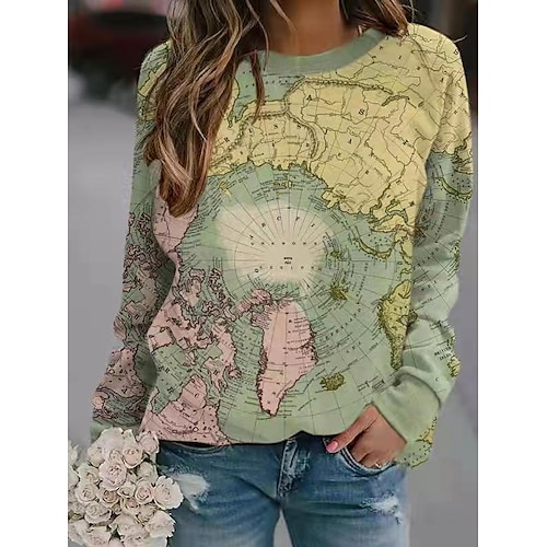 

Women's Pullover Party Sportswear Ethnic Patchwork Print Light Green Map Party Round Neck Long Sleeve S M L XL XXL