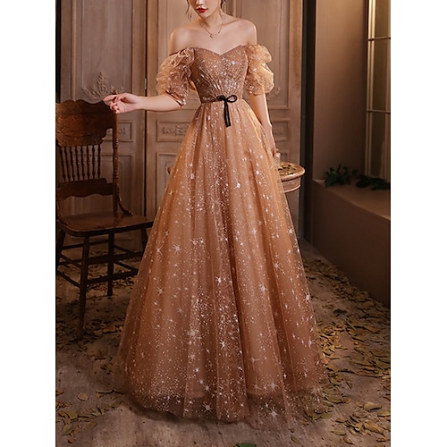 

A-Line Bridesmaid Dress Off Shoulder Half Sleeve Elegant Floor Length Tulle with Bow(s) / Sequin 2022 / Sparkle & Shine