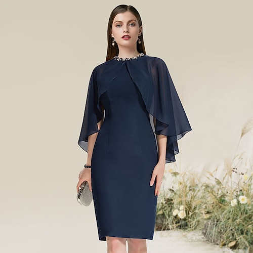 

Sheath / Column Cocktail Dresses Minimalist Dress Party Wear Knee Length Half Sleeve Jewel Neck Chiffon with Beading 2022