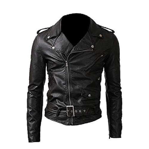 

Men's PU Leather Jacket Faux Leather Coat Motorcycle Biker Belted Rider Fashion Style Winter Casual Daily Outdoor Work Black Warm Outwear Tops Zip Pocket
