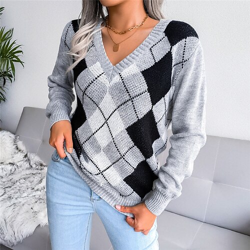 

Women's Pullover Sweater jumper Jumper Knit Knitted Geometric V Neck Stylish Casual School Daily Winter Fall Blue Khaki S M L / Long Sleeve / Regular Fit