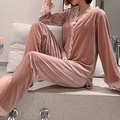 Winter Pajamas Womens Two Piece Sets Home Clothes Pijamas Bedroom Set Femme  Pyjamas Round Neck Sleepwear Cute (Color : Lv, Size : M)