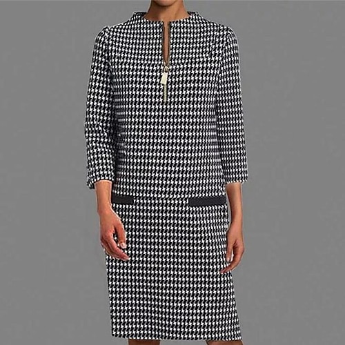 

Robe Longueur Genou Femme Robe Trapèze manche longue Automne - Casual Zippé Imprimer Pied-de-poule Col Ras du Cou robe hiver robe automne 2022 2023 Noir S M L XL XXL 3XL