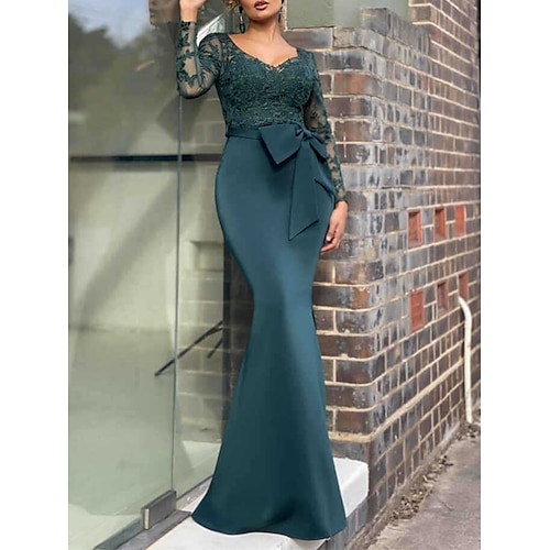 

A sirena Abito da cerimonia per signora Elegante Sensuale A V Lungo Di pizzo Chiffon elasticizzato Manica lunga con Fiocco (fiocchi) Con applique 2023