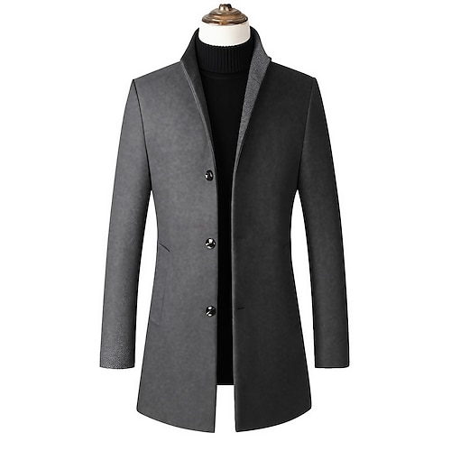 

Men's Winter Coat Wool Coat Overcoat Daily Wear Going out Winter Polyester Thermal Warm Washable Outerwear Clothing Apparel Fashion Warm Ups Solid Colored Pocket Standing Collar Single Breasted