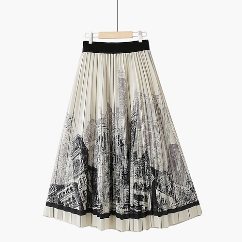 

Women's Skirt Swing Midi Polyester Blue Khaki Dusty Blue Black Skirts Spring & Fall Pleated Print Streetwear Going out Weekend One-Size / Loose Fit