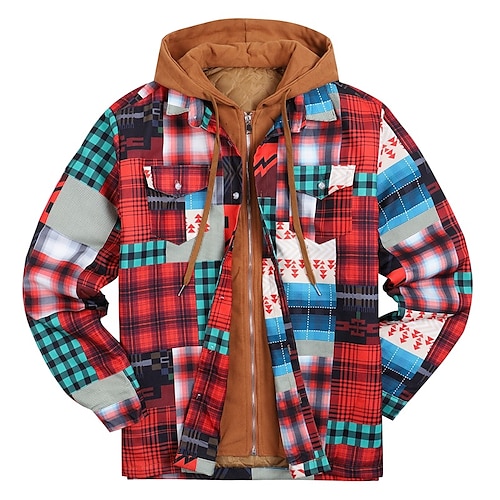 

Men's Puffer Jacket Winter Jacket Quilted Jacket Shirt Jacket Winter Coat Warm Casual Plaid / Check Outerwear Clothing Apparel Green Black Blue