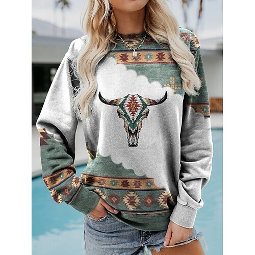 

Women's Pullover Sportswear Ethnic Retro Patchwork Print Green Cow Party Round Neck Long Sleeve S M L XL XXL