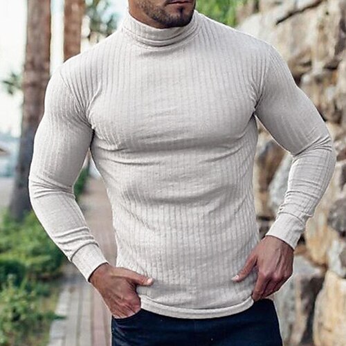 

Men's T shirt Tee Turtleneck shirt Solid Color Rolled collar Black Gray White Outdoor Casual Long Sleeve Clothing Apparel Lightweight Casual Classic Muscle