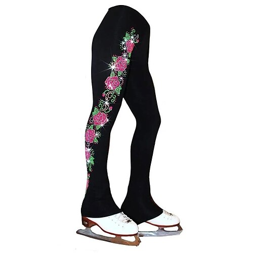 

Figure Skating Pants Women's Girls' Ice Skating Tights Leggings Outfits Black Flower Fleece Spandex High Elasticity Training Practice Competition Skating Wear Thermal Warm Handmade Patchwork Ice