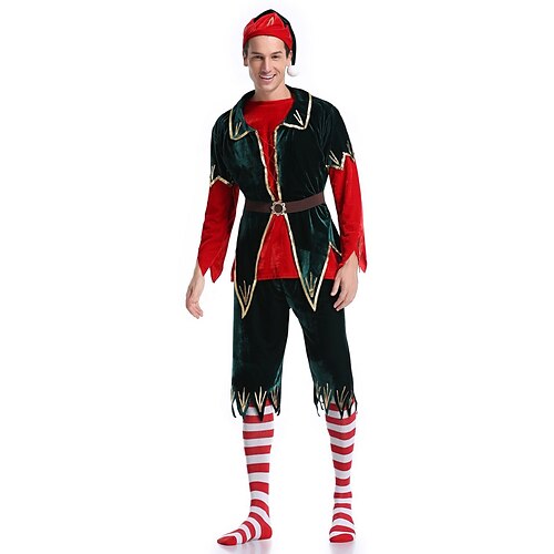 

Santa Suit Santa Claus Elf Cosplay Costume Outfits Elf Costume Men's Special Cosplay Costume Christmas Christmas Carnival Masquerade Adults' Christmas Velvet Top Pants Belt Hat