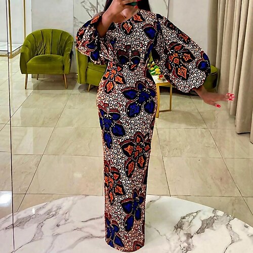 

robe longue Femme robe soirée manche longue Automne - Elégant Imprimer Floral Col Ras du Cou Soirée robe hiver robe automne 2023 Bleu Violet Vert S M L XL XXL 3XL