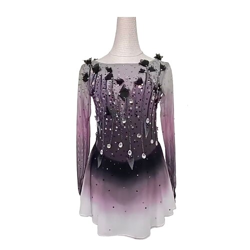 

Figure Skating Dress Women's Girls' Ice Skating Dress Outfits Violet Spandex High Elasticity Training Competition Skating Wear Handmade Crystal / Rhinestone Long Sleeve Ice Skating Figure Skating