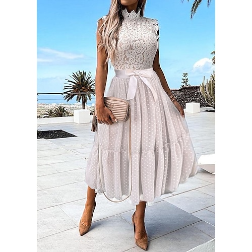 

Women's Swing Dress Midi Dress White Black Pink Sleeveless Solid Color Lace Patchwork Summer Turtleneck Hot Elegant Classic Mesh Prom Dress S M L XL / Slim