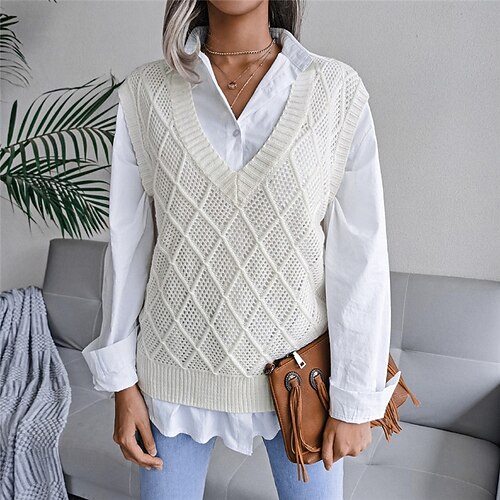 

Women's Sweater Vest Jumper Knit Knitted Argyle V Neck Stylish Casual Daily Weekend Winter Fall Pink White S M L / Sleeveless / Sleeveless / Regular Fit