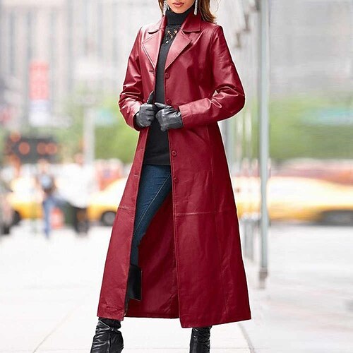 

Women's Coat Faux Leather Jacket Trench Coat Basic Simple Chic & Modern Slim Fit Office Work Office / Career Street Faux Leather Long Coat Winter Fall Spring Maroon Black Blue Single Breasted Lapel