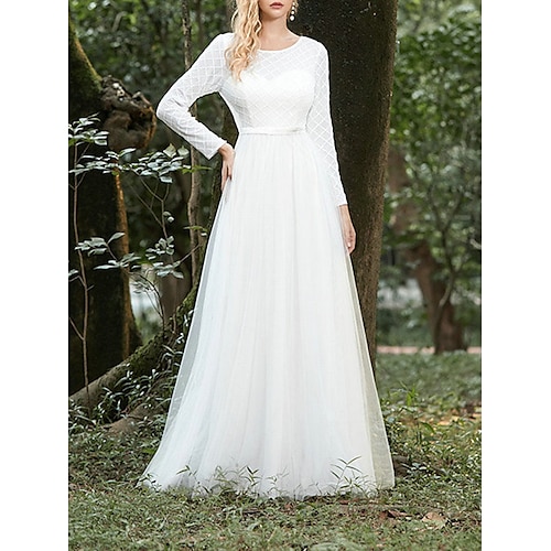 

A-Line Wedding Dresses Jewel Neck Floor Length Lace Tulle Long Sleeve Country Simple with Pleats 2022
