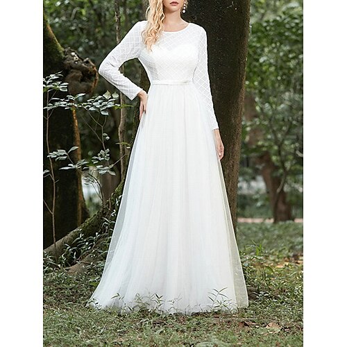 

A-Line Wedding Dresses Jewel Neck Floor Length Lace Tulle Long Sleeve Country Simple with Pleats 2022