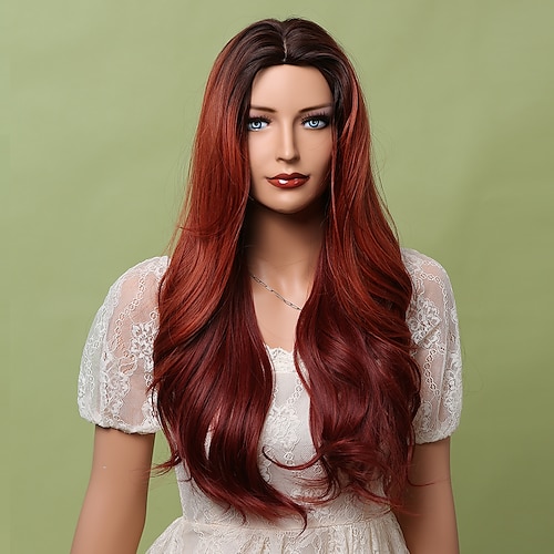 

26 Inch Synthetic Wig Women's Wig Wine Red Long Wavy Hair Fashion Daily Party Cosplay