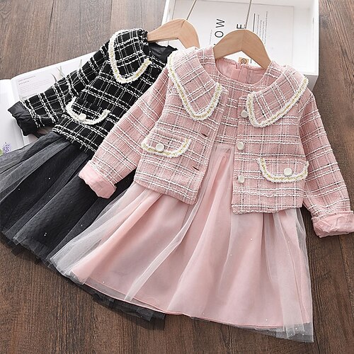 

2 Pieces Kids Girls' Clothing Set Outfit Solid Color Plaid Long Sleeve Mesh Set Cute Daily Fall Spring 2-8 Years Black Pink