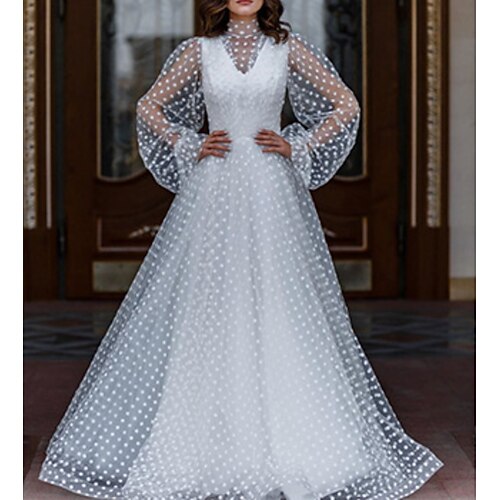 

A-Line Wedding Dresses High Neck Floor Length Lace Satin Long Sleeve Beach with Solid Color 2022