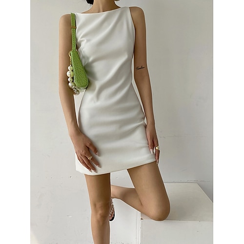 

Sheath / Column Wedding Dresses Jewel Neck Short / Mini Stretch Fabric Sleeveless Simple Sexy Little White Dress with Solid Color 2022