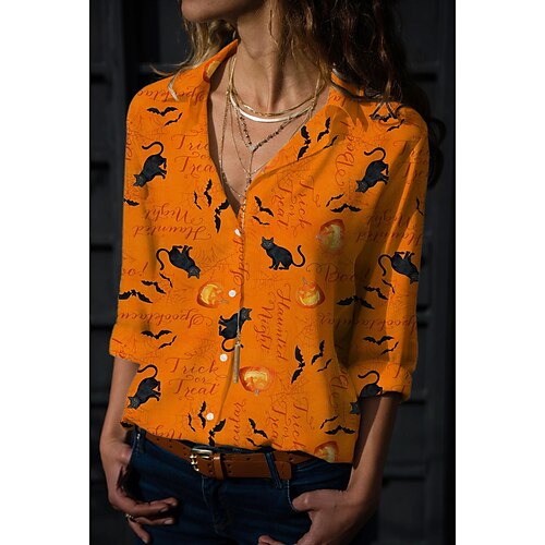 

Women's Blouse Animal Bat Halloween Daily Blouse Shirt Long Sleeve Print V Neck Basic Halloween Khaki Orange S