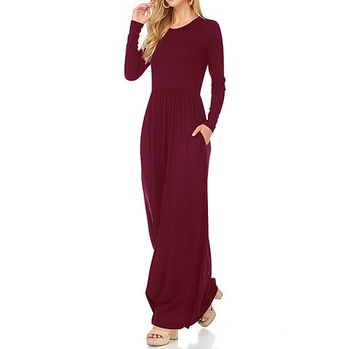 

Women's Casual Dress Long Dress Maxi Dress Black Blue Purple Long Sleeve Pure Color Ruched Fall Crew Neck Fall Dress 2022 S M L XL XXL 3XL