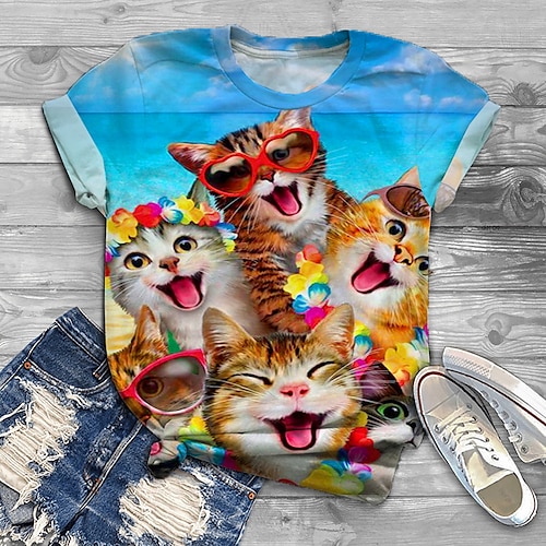 

Dame Plus størrelse Toppe T-shirt Kat Grafisk Trykt mønster Kortærmet Rund Hals Basale Klassisk Daglig Ferie Bomuldspandextrøje Forår Sommer Blå / Plusstørrelser / Plusstørrelser