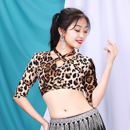 

Belly Dance Top Leopard Print Printing Solid Women's Training Performance Half Sleeve High Voile
