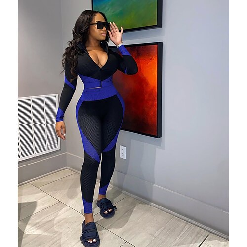 

Women's Yoga Suit 2 Piece Cropped Front Zip Color Block Sport Athleisure Tights Crop Top Clothing Suit Long Sleeve Tummy Control Butt Lift Breathable Quick Dry Moisture Wicking Yoga Fitness Gym