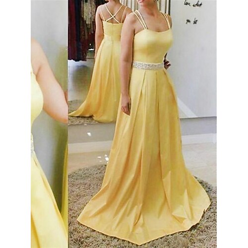

A-Line Bridesmaid Dress Spaghetti Strap Sleeveless Elegant Sweep / Brush Train Satin with Criss Cross / Sequin 2022 / Sparkle & Shine