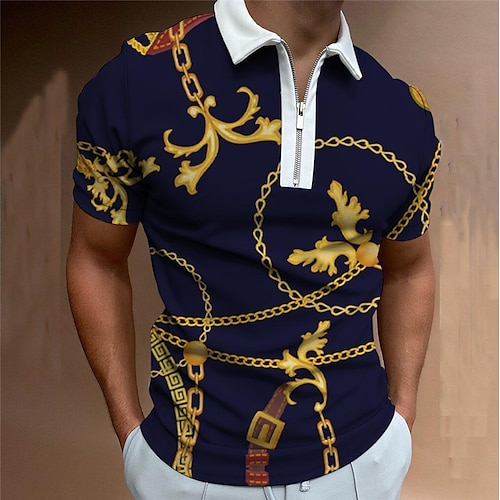

Men's Collar Polo Shirt Golf Shirt Chains Print Collar Navy Blue Outdoor Street Short Sleeve Zipper Print Clothing Apparel Fashion Streetwear Sportswear Casual / Summer / Regular Fit / Summer