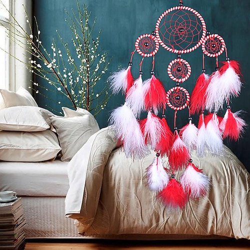 

Dream Catcher Five-ring Handmade Gift with Blue White Red Circle Indian Feather Wall Hanging Decor Art Wind Chimes Boho Style Home Pendant 1358cm