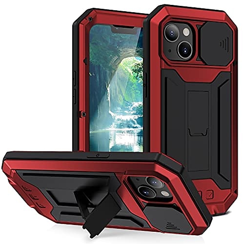 

case for iphone 13/13 pro/13 pro max, with slide camera cover and rickstand, super shockproof silicone aluminum metal gorilla glass armor tank heavy duty sturdy protector cover,red,iphone13