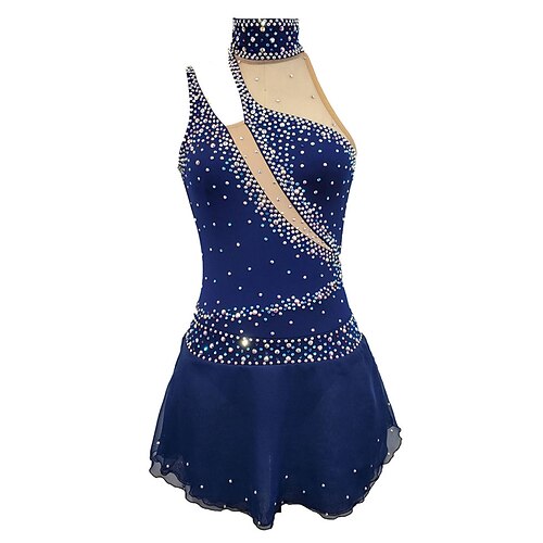 

Figure Skating Dress Women's Girls' Ice Skating Dress Outfits Blue Open Back Patchwork Spandex High Elasticity Training Competition Skating Wear Handmade Patchwork Crystal / Rhinestone Long Sleeve