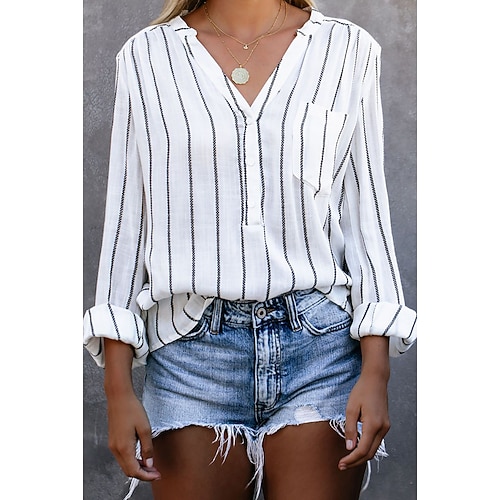 

Women's Striped Daily Weekend Blouse Shirt Long Sleeve Pocket V Neck Casual Streetwear Tops White Blue S