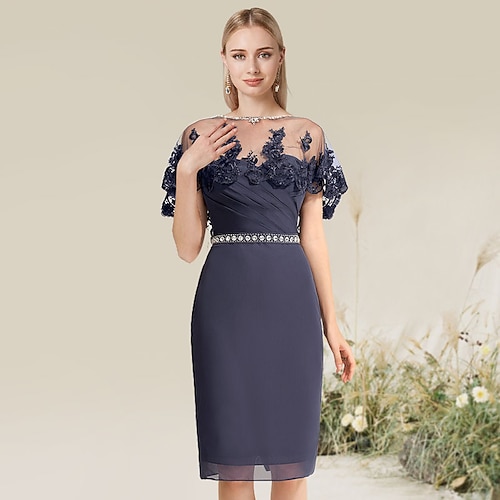 

Sheath / Column Cocktail Dresses Convertible Dress Wedding Guest Knee Length Short Sleeve Strapless Lace with Lace Insert Appliques 2022 / Cocktail Party