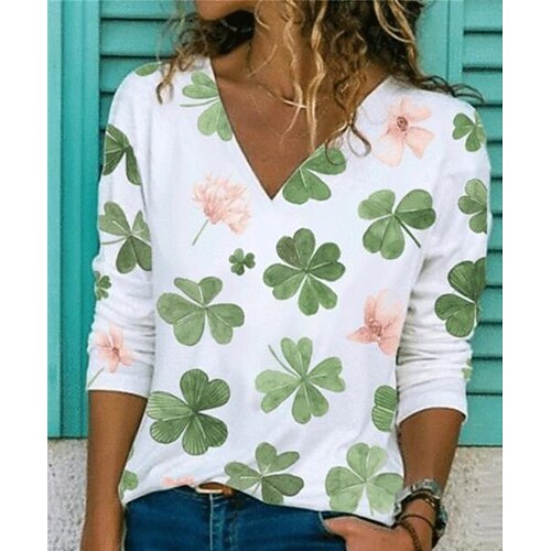 

Women's T shirt Tee Green Purple Pink Graphic Floral Print Long Sleeve Holiday Weekend Basic V Neck Regular Floral Painting S / 3D Print