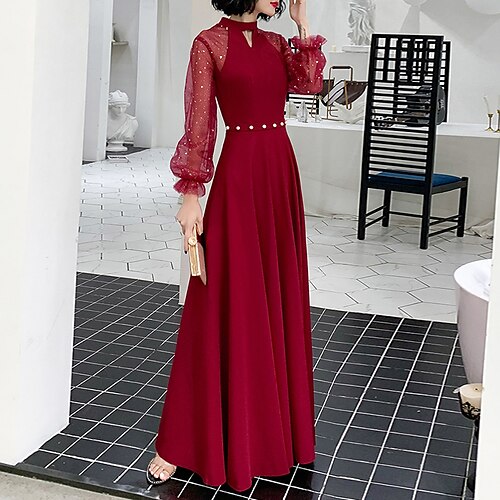 

A-Line Prom Dresses Minimalist Dress Party Wear Floor Length Long Sleeve Jewel Neck Stretch Fabric with Beading Sequin 2022