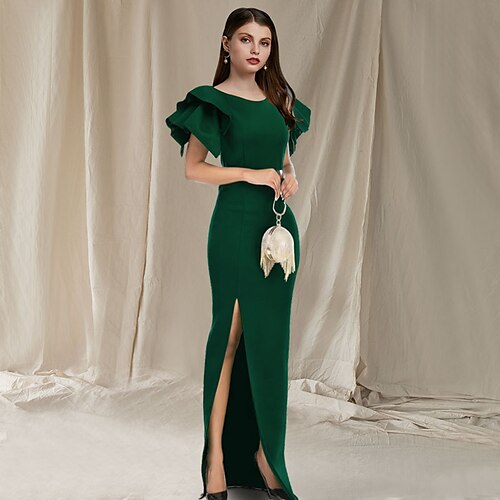 

Mermaid / Trumpet Mother of the Bride Dress Elegant Jewel Neck Floor Length Stretch Fabric Short Sleeve with Split Front Cascading Ruffles 2022