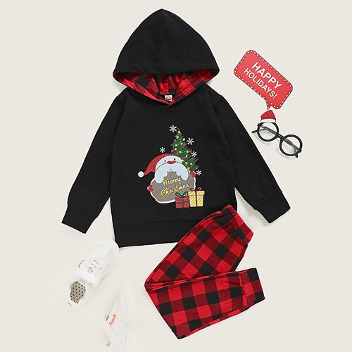 

2 Pieces Kids Boys Christmas Hoodie & Pants Outfit Graphic Plaid Santa Claus Long Sleeve Print Cotton Set Outdoor Basic Cool Winter Fall 2-8 Years Black